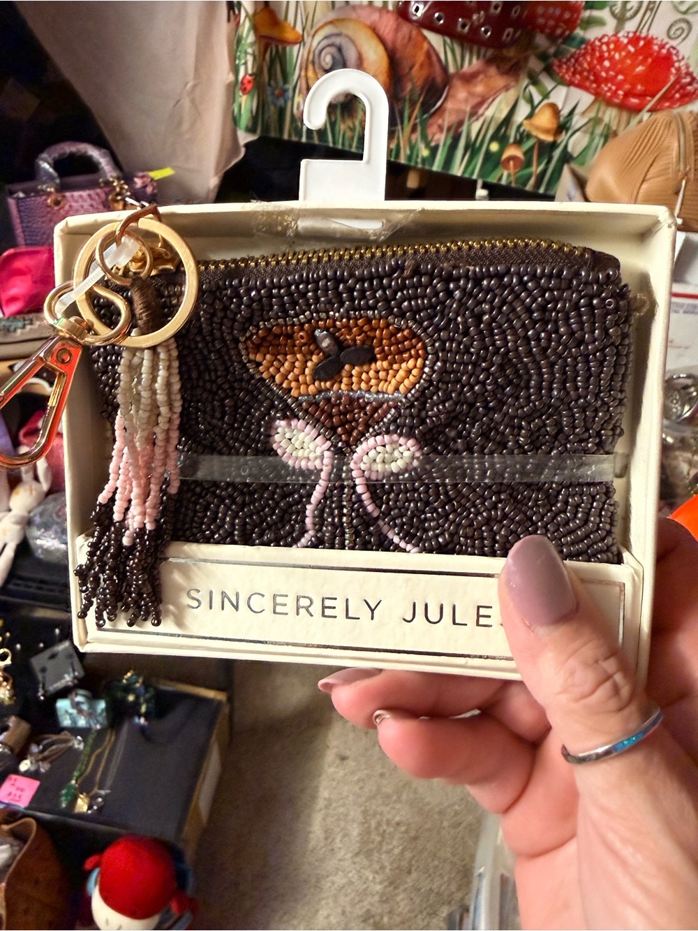 Sincerly Jules Beaded Brown Coin Pouch with Pink Tassel Keyring